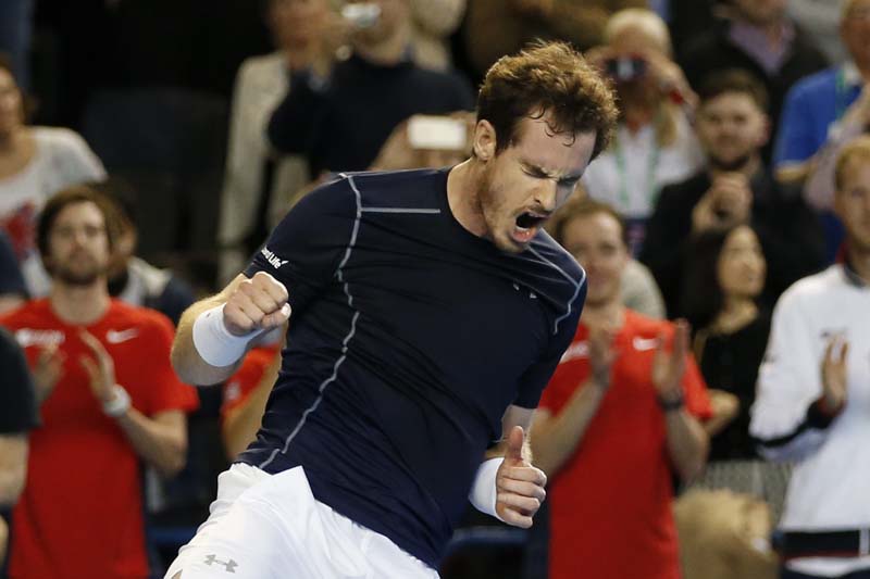 Great Britain's Andy Murray celebrates after winning his match against Japan's Kei Nishikori Tennis in the first round of the Davis Cup World Group at the Barclaycard Arena, Birmingham on March 6, 2016. Photo: Action Images via Reuters