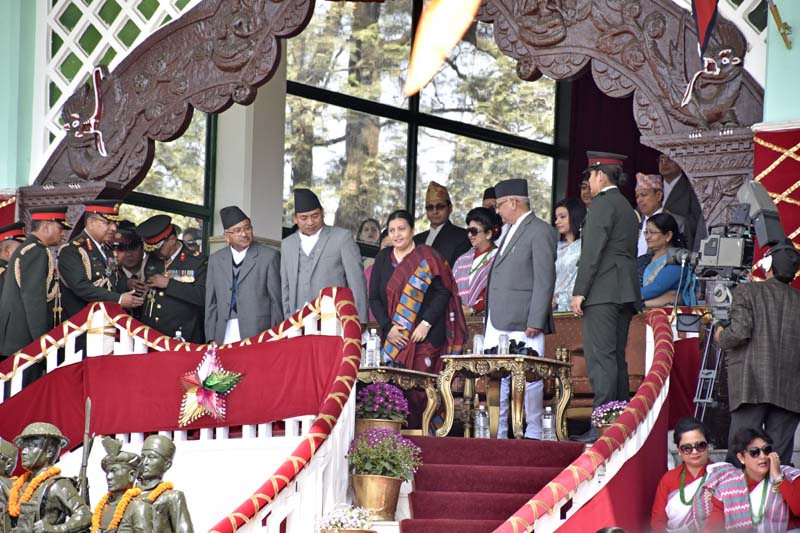 President Bidya Devi Bhandari, Vice President Nanda Bahadur Pun, Prime Minister KP Sharma Oli and Chief Justice Kalyan Shrestha taking their seats at a special function organised by the Nepal Army to mark the Nepal Army Day at the Army Pavilion, Tundikhel, on Monday, March 7, 2016. Photo: Naresh Shrestha/ THT