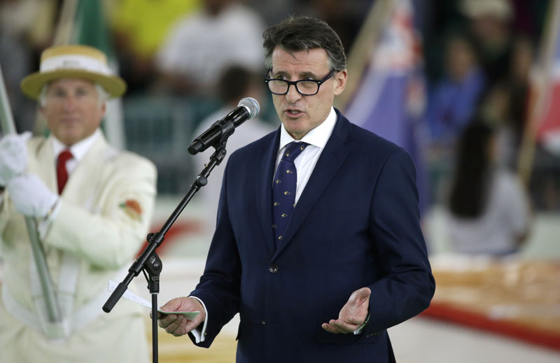 International Association of Athletics Federations President Sebastian Coe speaks during the opening ceremonies of the World Indoor Athletics Championships, Thursday, March 17, 2016, in Portland, Ore. (AP Photo/Elaine Thompson)