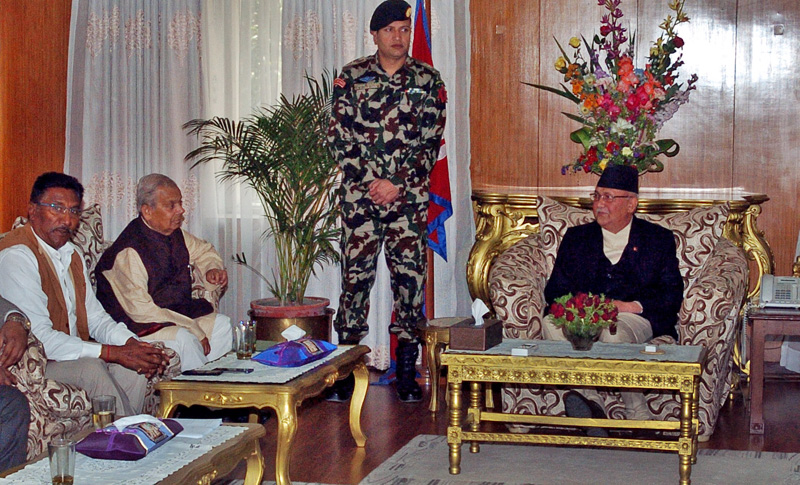 Leaders of the agitating United Democratic Madhesi Front holding talks with Prime Minister rKP Sharma Oli, in Baluwatar, Kathmandu, on Friday, March 11, 2016. Photo: THT