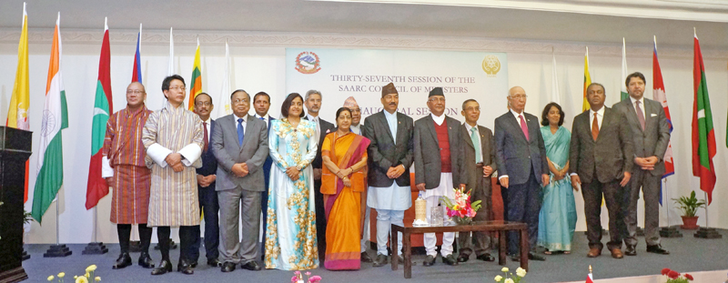 Nepal's Prime Minister KP Sharma Oli and SAARC Secretary General Arjun Bahadur Thapa along with foreign ministers of SAARC countries during the SAARC Council of Ministers meeting in Pokhara on Thursday, March 17, 2016. Photo: Bharat Koirala
