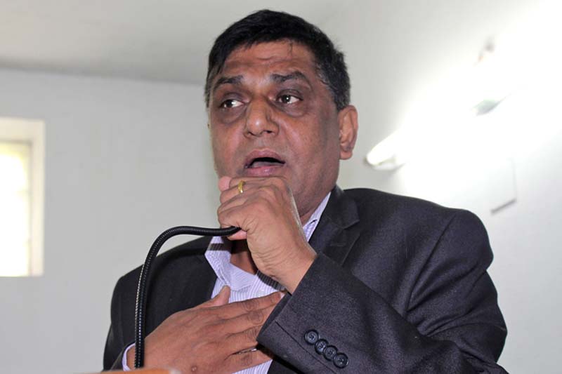 Minister for Culture, Tourism and Civil Aviation Ananda Prasad Pokharel speaking at an interaction programme ahead of the International Buddhism Conference, to be held on the occasion of 2560th Buddha Jayanti, in Lumbini, on Friday, March 25, 2016. Photo: RSS