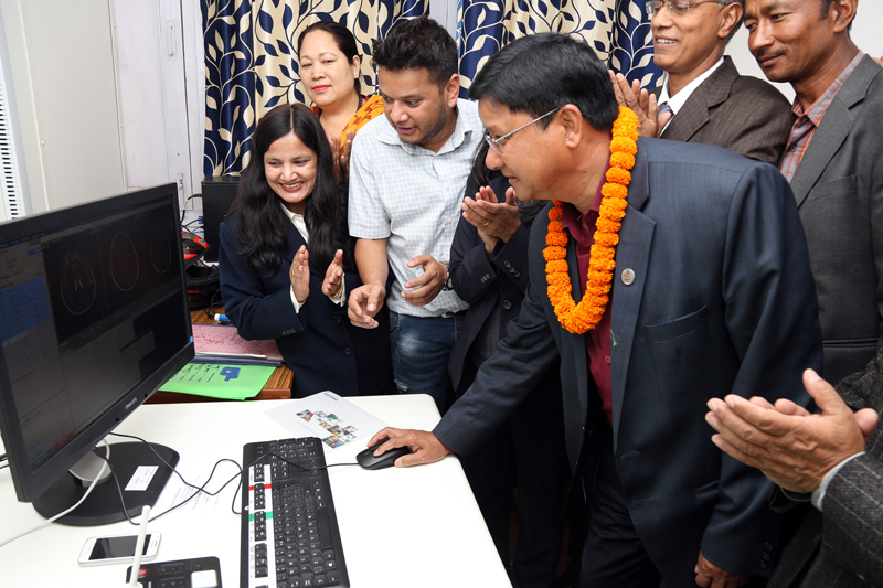 Minister for health Ram Janam Chaudhary inaugurates the Magnetic Resonance Imaging (MRI) service at the Bir Hospital, in Kathmandu, on Friday, March 18, 2016. Photo: RSS