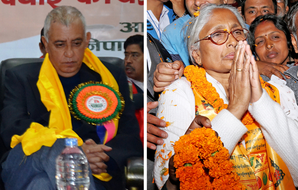 Shashanka Koirala (left) and Sita Devi Yadav were elected general secretary and treasurer of the Nepali Congress, in the party's 13th National General Convention in the capital, on Tuesday, March 8, 2016. Photos: RSS