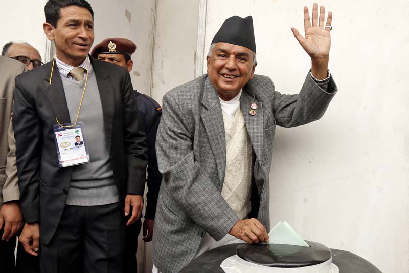 Nepali Congress Acting President Ram Chandra Paudel casting his vote in the party election during the 13th General Convention at the City Hall, Bhrikutimandap, on March 6, 2016. Photo: RSS