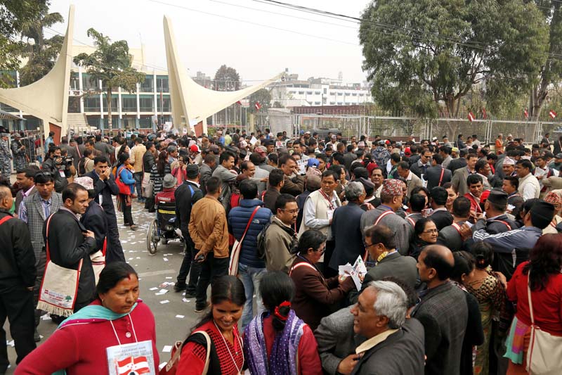 Nepali Congress cadres gathering outside the City Hall to cast their votes in the party election during the 13th General Convention in Bhrikutimandap, on March 6, 2016. Photo: RSS