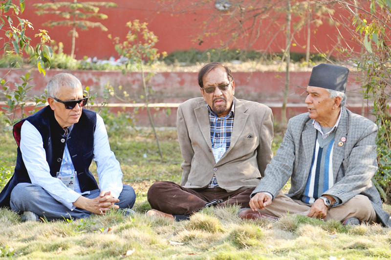 Nepali Congress leaders Shashakha Koirala (left), Ram Saran Mahat (centre) and Ram Chandra Paudel hold a discussion during the party's presidential run-off election in Kathmandu, on Monday, March 7, 2016. Photo: RSS