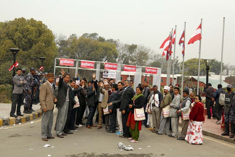 People waving before casting their votes in the party election during the 13th General Convention at the City Hall, Bhrikutimandap, on March 6, 2016. Photo: RSS