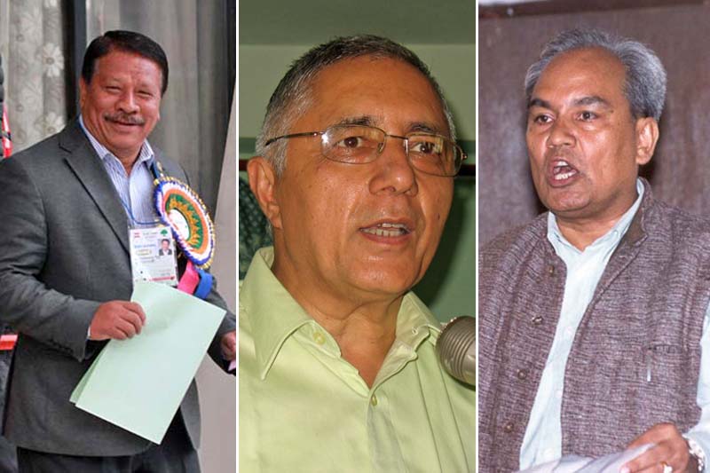 Nepali Congress leaders (from left) Prakash Man Singh, Shekhar Koirala and Khum Bahadur Khadka. Photos: RSS/ THT