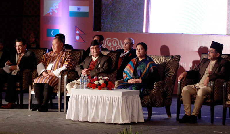 President Bidya Devi Bhandari and Prime Minister KP Sharma Oli (2nd and 3rd from right, front) attend the SAARCLAW Conference, in Kathmandu, on Saturday, March 5, 2016. Photo: RSS