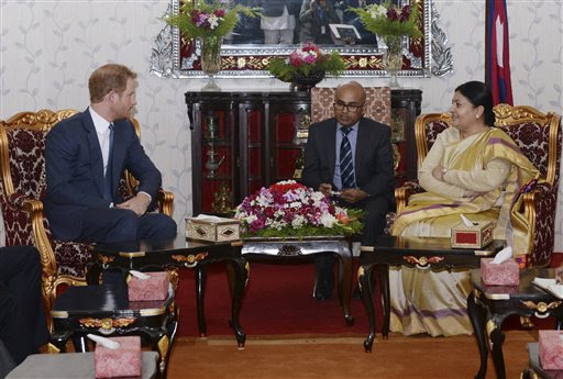 Prince Harry meets President Bidya Devi Bhandari at Sheetal Niwas on Sunday, 20 March 2016.nPhoto: Nepal's Department Of Information n