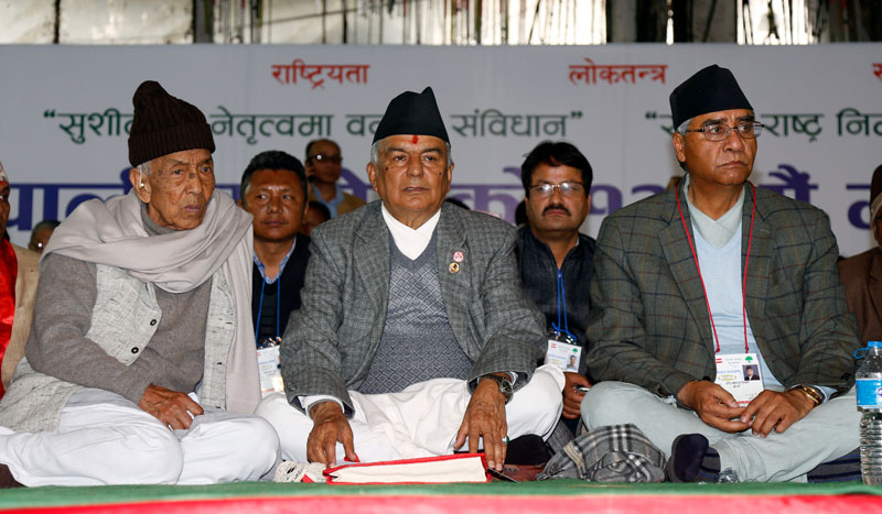 Nepali Congress leaders Ram Chandara Paudel and Sher Bahadur Deuba attending the closed session of the party's  13th general convention in Bhrikutimandp of the Capital on Friday, March 4, 2016. Photo: RSS 