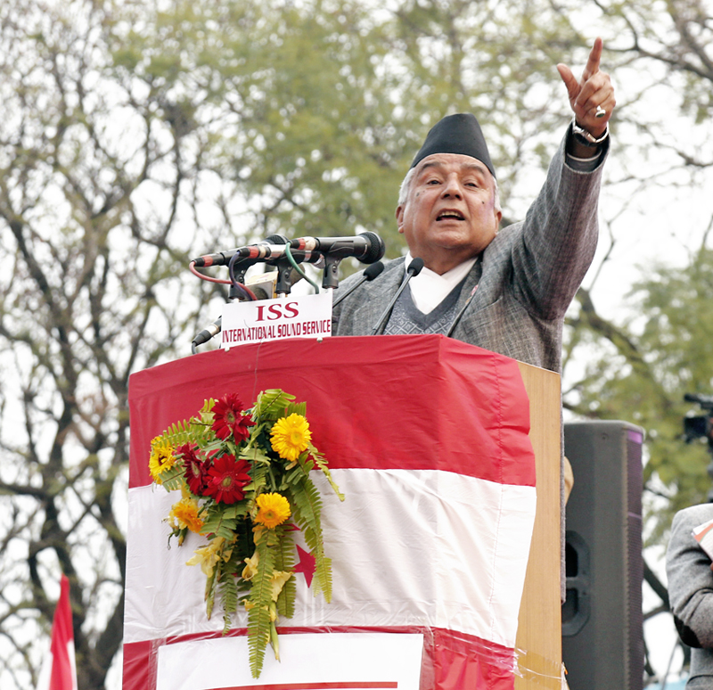 Acting president of Nepali Congress leader Ram Chandra Paudel speaking at a 13th General Convention of Nepali Congress at Khulamancha in Kathmandu on Thursday, March 3, 2016. Photo: RSS