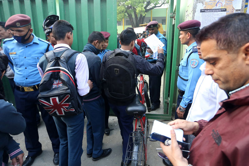 Students entering the exam centre to appear in the School Leaving Certificate (SLC) exams at the Dillibazaar-based Kanya Higher Secondary School in the Capital on Thursday, March 31, 2016. Photo: RSS 
