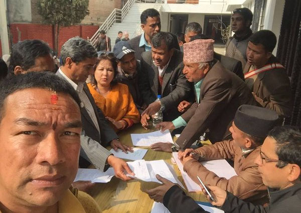 Nepali Congress leader Ramesh Lekhak files party senior leader Sher Bahadur Deuba's candidacy for the party's presidential election, in Kathmandu, on Thursday, March 3, 2016. Photo: https://twitter.com/DeubaSherbdr