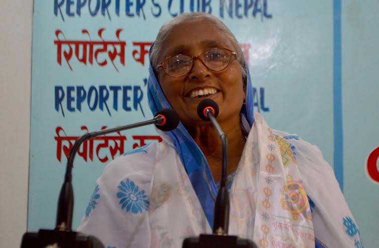 Newly elected Nepali Congress Treasurer Sita Devi Yadav speaking at a programme organised at the Reporters' Club in the Capital on Wednesday, March 09, 2016. Photo: Reporters' Club 