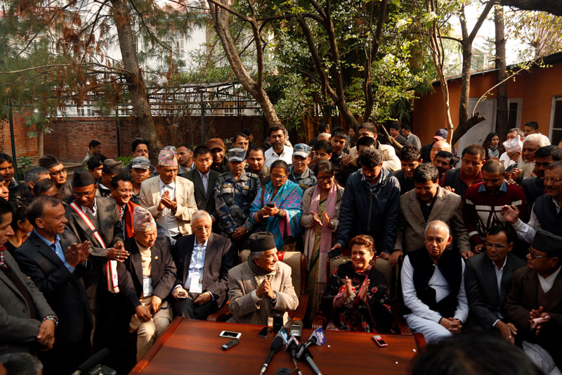 Nepali Congress leader Sujata Koirala (c) withdrawing her candidacy for the top post of the party by organising a press conference at her residence in Mandikhatar of the Capital on Thursday, March 03, 2016. Photo: RSS 