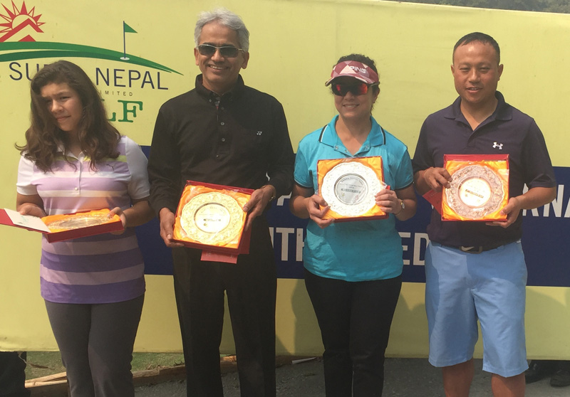 (From left) Devasri Rana, Dr Bhagwan Koirala, Rekha Ghimire and Biraj Pun Purja after the Surya Nepal Gokarna Monthly Medal on Saturday. Photo Courtesy: Gokarna Gulf Club