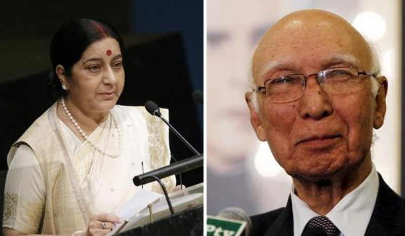 Indiau2019s External Affairs Minister Sushma Swaraj and Pakistani Prime Ministeru2019s Foreign Affairs Adviser Sartaj Ajij