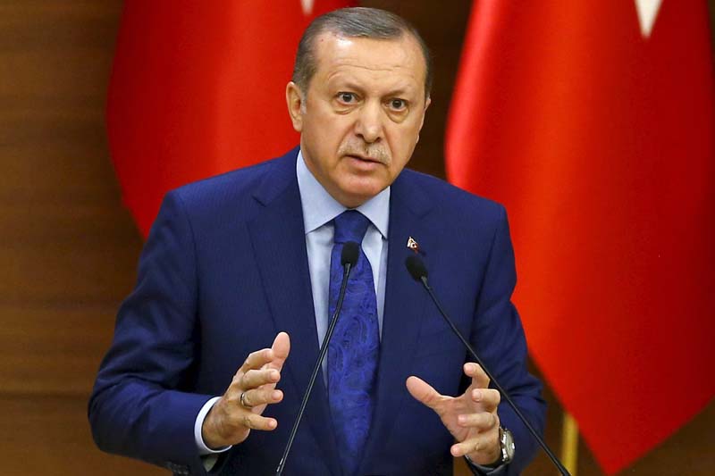 Turkish President Tayyip Erdogan makes a speech during his meeting with mukhtars at the Presidential Palace in Ankara, Turkey, on March 16, 2016. Photo: Reuters
