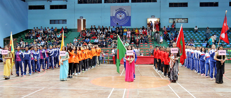 Participating women's national basketball team from south Asia holding flags on the occasion of 1st South Asian Basketball Tournament in Kathmandu on Tuesday, March 29, 2016. Photo: RSS
