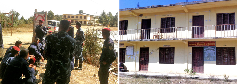 Police giving security after student unions padlocked Dadeldhura Education Campus, in Bagkhor, Dadeldhura, on Sunday;  a view of the padlocked Dadeldhura Education Campus after nstudent unions locked the campus on the issue of political pressure for staff appointment. Photo: THT