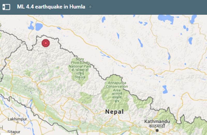 ML 4.4 earthquake in Humla, on Monday, March 7, 2016. Source: Google Maps