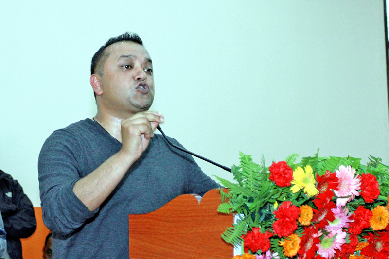 Nepali Congress leader Gagan Thapa announcing his candidacy for the post of party general secretary at a programmee in Kathmandu on Wednesday, March 2, 2016. Photo: RSS
