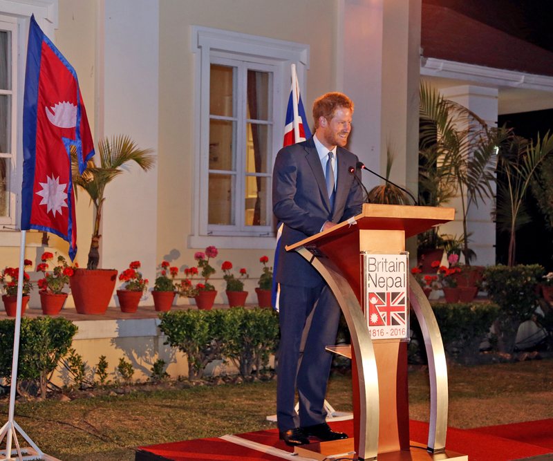Prince Harry speaking at a dinner party hosted by Britain ambassador to Nepal Richard Moris in Kathmandu on Wednesday, March 23, 2016. Photo: RSS