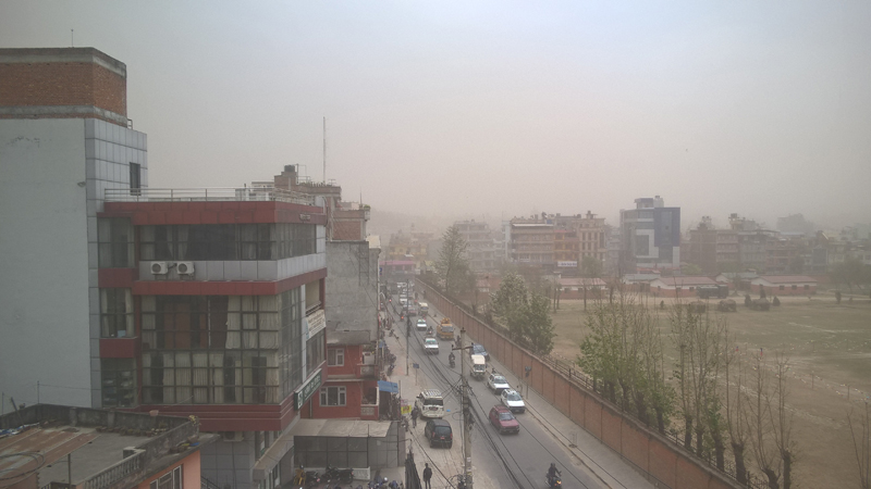 A scene of dust storm from Anamnagar of Kathmandu, on Monday, March 28, 2016. Photo: THT Online