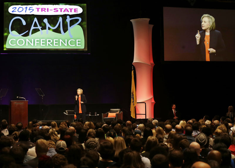 FILE - Former Secretary of State Hillary Clinton speaks at the American Camp Association and Tri State CAMP conference in Atlantic City, New Jersey, on March 19, 2015. Photo: Mel Evans/AP File