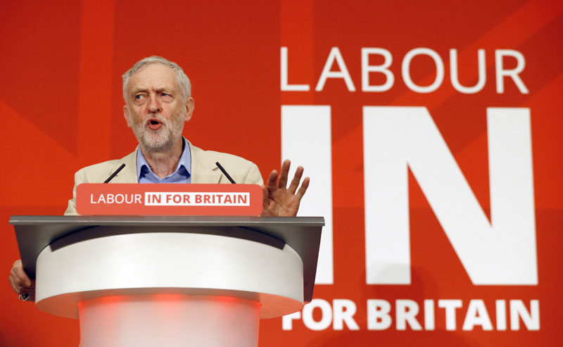 Jeremy Corbyn, leader of Britain's Labour Party delivers a speech outlining Labour's position on the European referendum, in London, on Thursday, April 14, 2016. Photo: AP