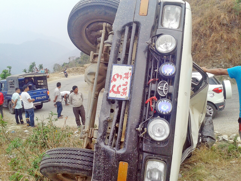Jeep of the Panchthar District Administration Office which met with the accident on Thursday afternoon in the district, April 28, 2016. Photo: Laxmi Gautam
