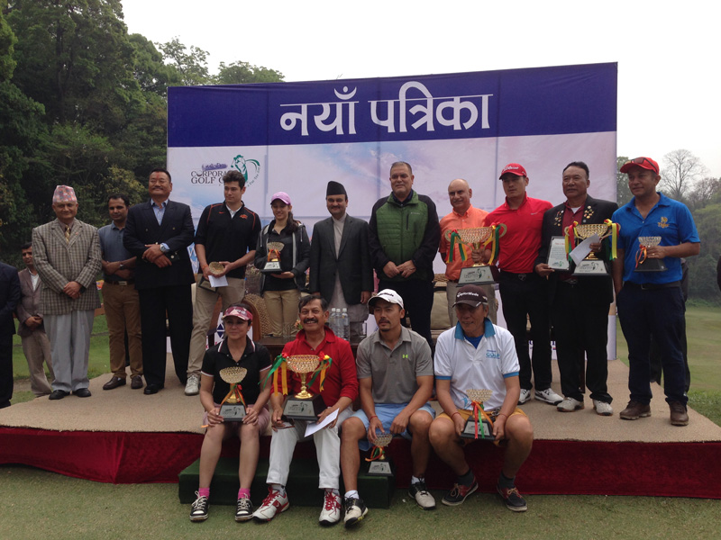 Winners of the Corporate Golf Cup pose for a group photo with officials at the Gokarna Golf Club in Kathmandu on Saturday. Photo: THT