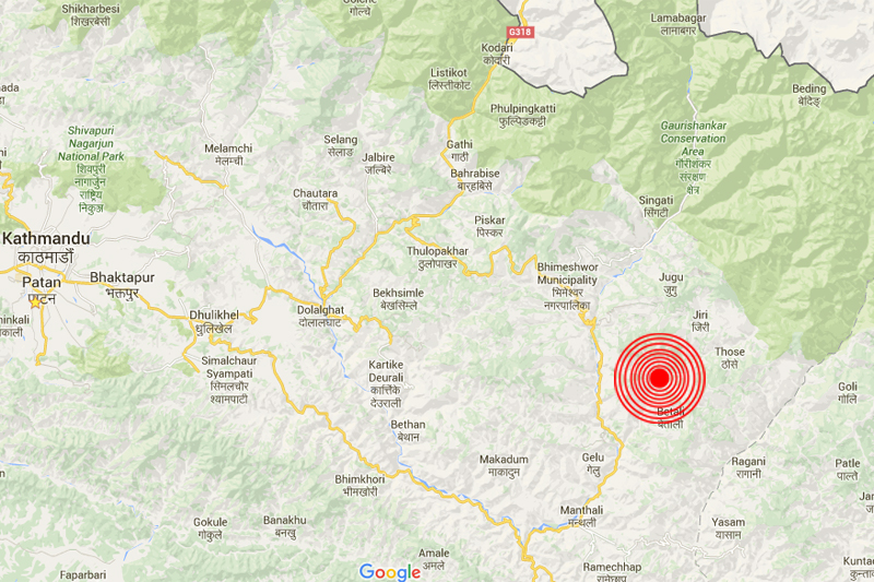 Moderate tremor of local magnitude 4.4 in Dolakha of eastern Nepal at 8:26 pm, on Tuesday, April 12, 2016. Image: Google maps