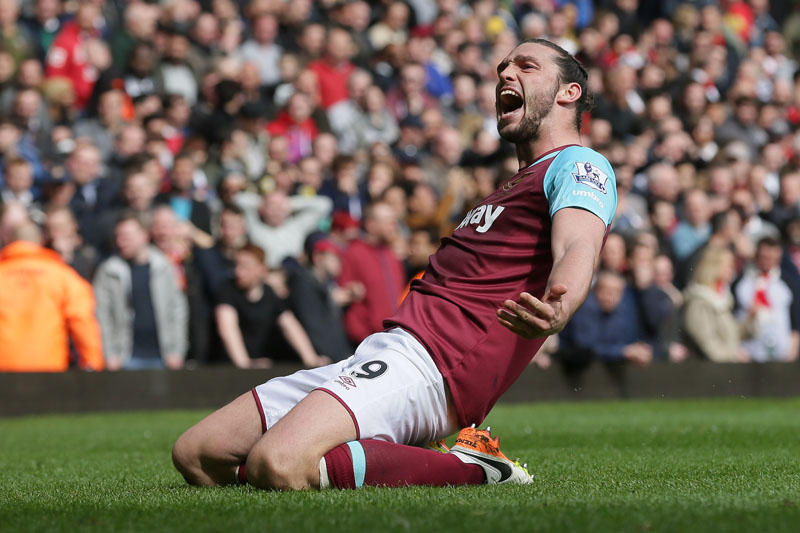 West Ham's Andy Carroll celebrates after scoring his team's second goal during the English Premier League football match between West Ham United and Arsenal at Upton Park stadium in London, on Saturday April 9, 2016. Photo: Tim Ireland/AP