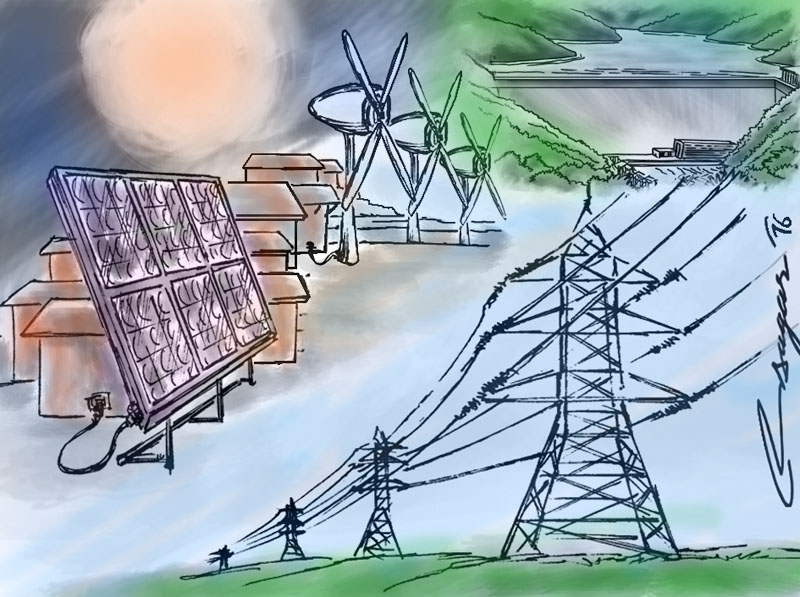 Hydro, solar and wind power. Illustration: Ratna Sagar Shrestha/THT
