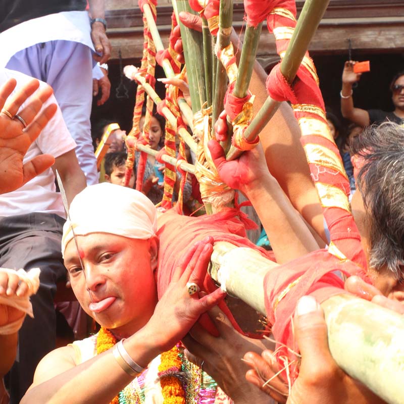 Jujubhai Basan Shrestha performs a ritual after piercing his tongue for the eight consecutive time in the 'Jibro Chhedne Jatra' (Tongue Piercing Festival), in Bode, Madhyapur Thimi, on Thursday, April 14, 2016. Photo: RSS
