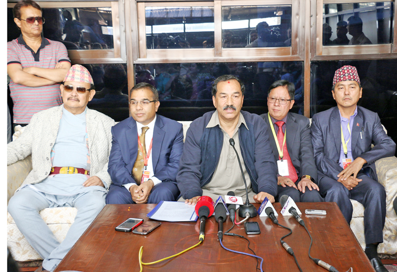 Deputy Prime Minister and Minister for Foreign Affairs Kamal Thapa speaking with journalists at the Tribhuvan International Airport after returning from his official visit to the United States and the United Kingdom, on Friday, April 29, 2016. Photo: RSS