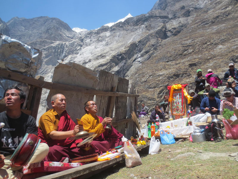 Lamas pray for the departed soul  at the ruins of 600-year-old stupa at Langtang of Rasuwa district while marking the first annivesary of April 25 earthquake, on Monday, April 25, 2016.  Photo: Keshav P .Koirala