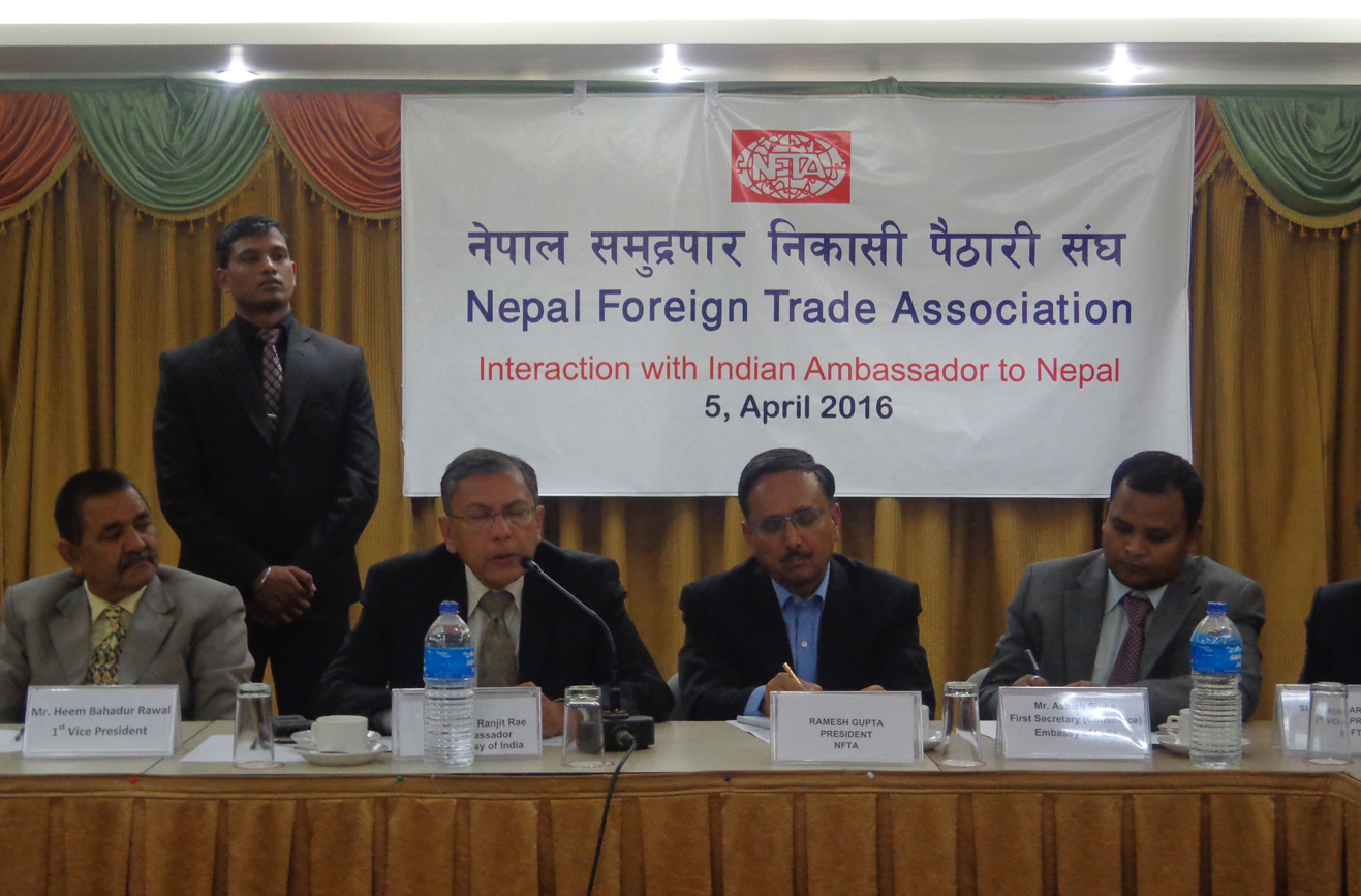 Indian Ambassador to Nepal Ranjit Rae addressing a nprogramme, in Kathmandu, on Tuesday. Photo: Courtesy NFTA