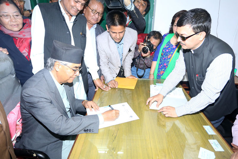 Nepali Congress party President Sher Bahadur Deuba files for the candidacy of NC parliamentary party election, on Tuesday, April 5, 2016. Photo: RSS