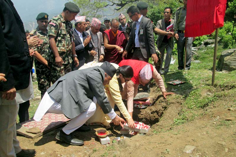 President Bidya Devi Bhandari (centre) lays foundation stone for the construction of quake memorial park at Barpak in the Gorkha district, on Sunday, April 24, 2016. Photo: Rishi Ram Baral/ THT
