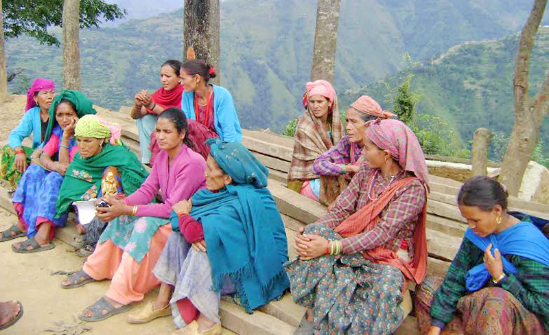 Single women from the most affected areas during the insurgency period gathering on the premises of the Local Peace Committee Office to file group complaints in Khalanga, Rukum, on Monday, April 26, 2016. Photo: THT