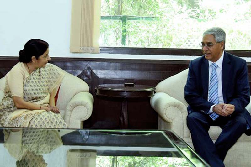 Nepali Congress President Sher Bahadur Deuba (right) meets Indian Minister for External Affairs Sushma Swaraj in New Delhi on Thursday, April 21, 2016. Photo Courtesy: MEA India