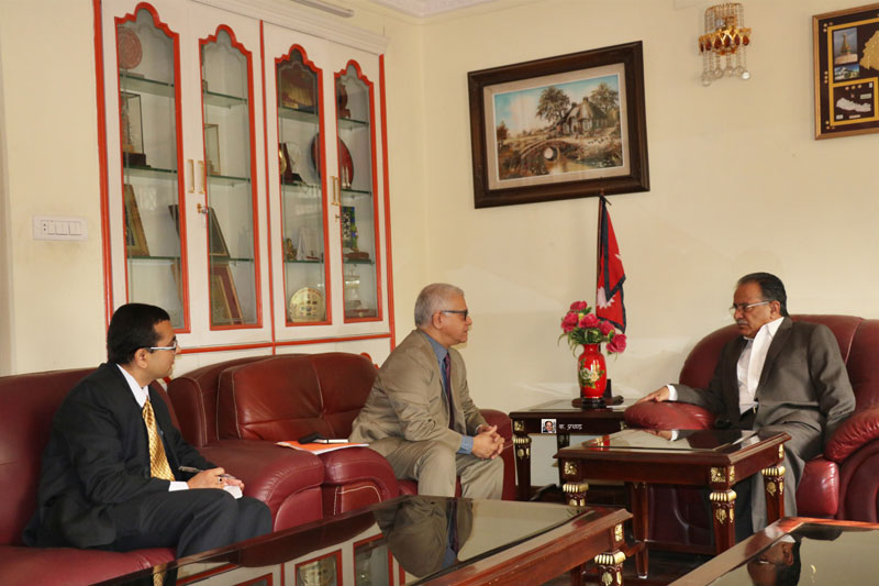 Director of Asia-Pacific Division of the Department of Political Affairs in UN New York Headquarters Subinay Nandy holds meeting with UCPN-Maoist Chairman Pushpa Kamal Dahal in the Capital on Thursday, April 28, 2016. Photo: Dahal's Secretariat