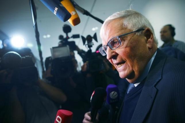 Theo Zwanziger, former president of the German football association (DFB) and former member of the FIFA's executive body speaks to media after the first day of his trial at a local court in Duesseldorf, Germany February 2, 2016.     REUTERS/Wolfgang Rattay/Files
