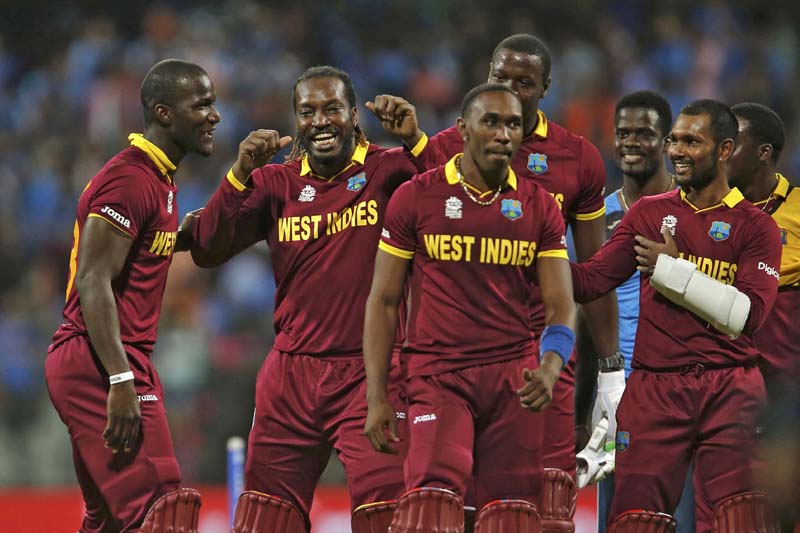 West Indies players celebrate after winning their match against India during the World Twenty20 cricket tournament semi-final, in Mumbai, India on March 31, 2016. Photo: Reuters