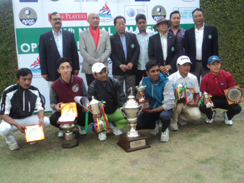 Winners of the sixth Nepal Open Amateur Golf nChampionship pose for a group photograph with officials at the Gokarna Golf Club in Kathmandu on Thursday.