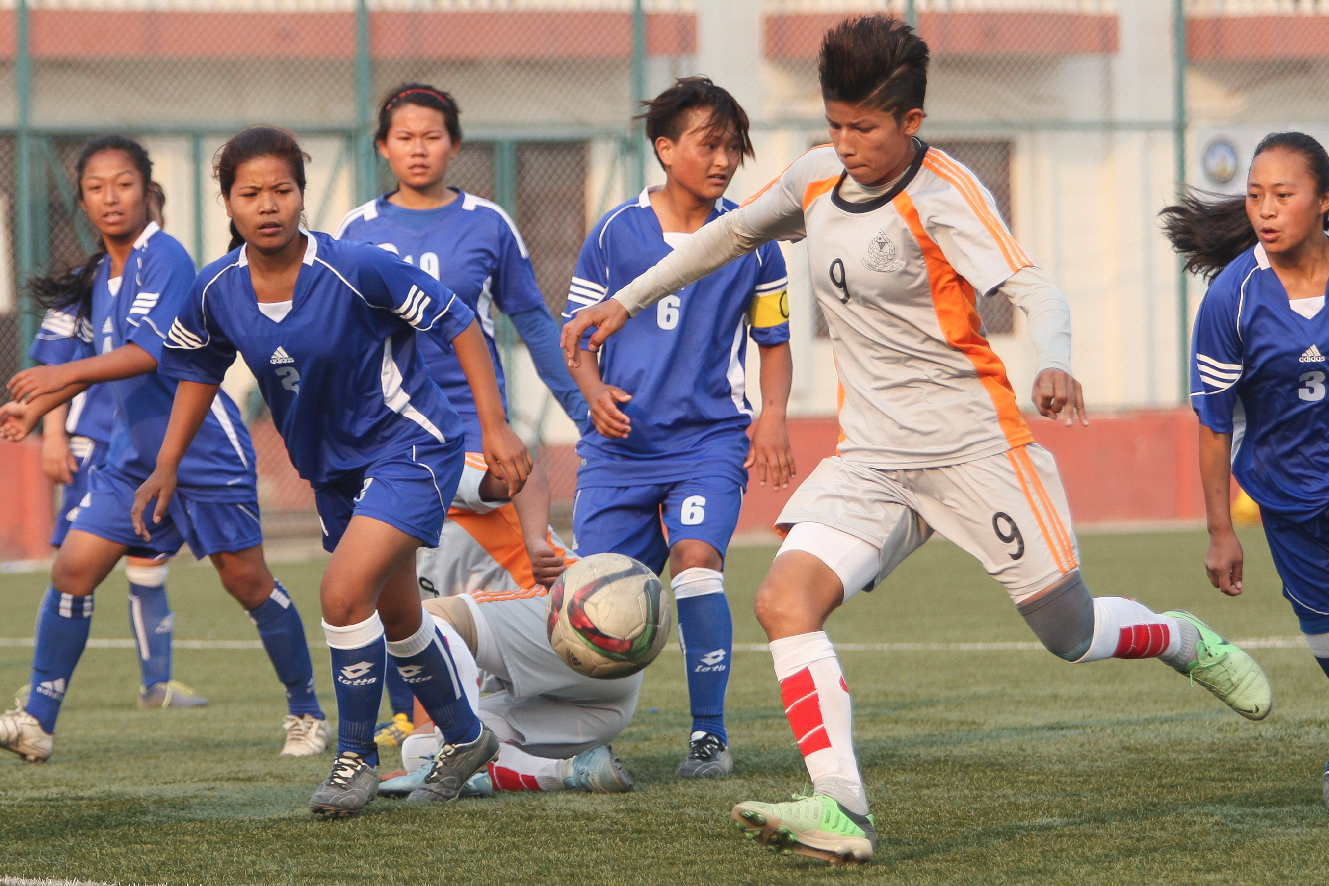 Sabitra Bhandari of Nepal APF Club shoots the ball during their Super League match of the National Womenu2019s Football League against Eastern Region at the ANFA Complex grounds in Lalitpur on Tuesday.  APF won the match 15-0. Udipt Singh Chhetry / THT